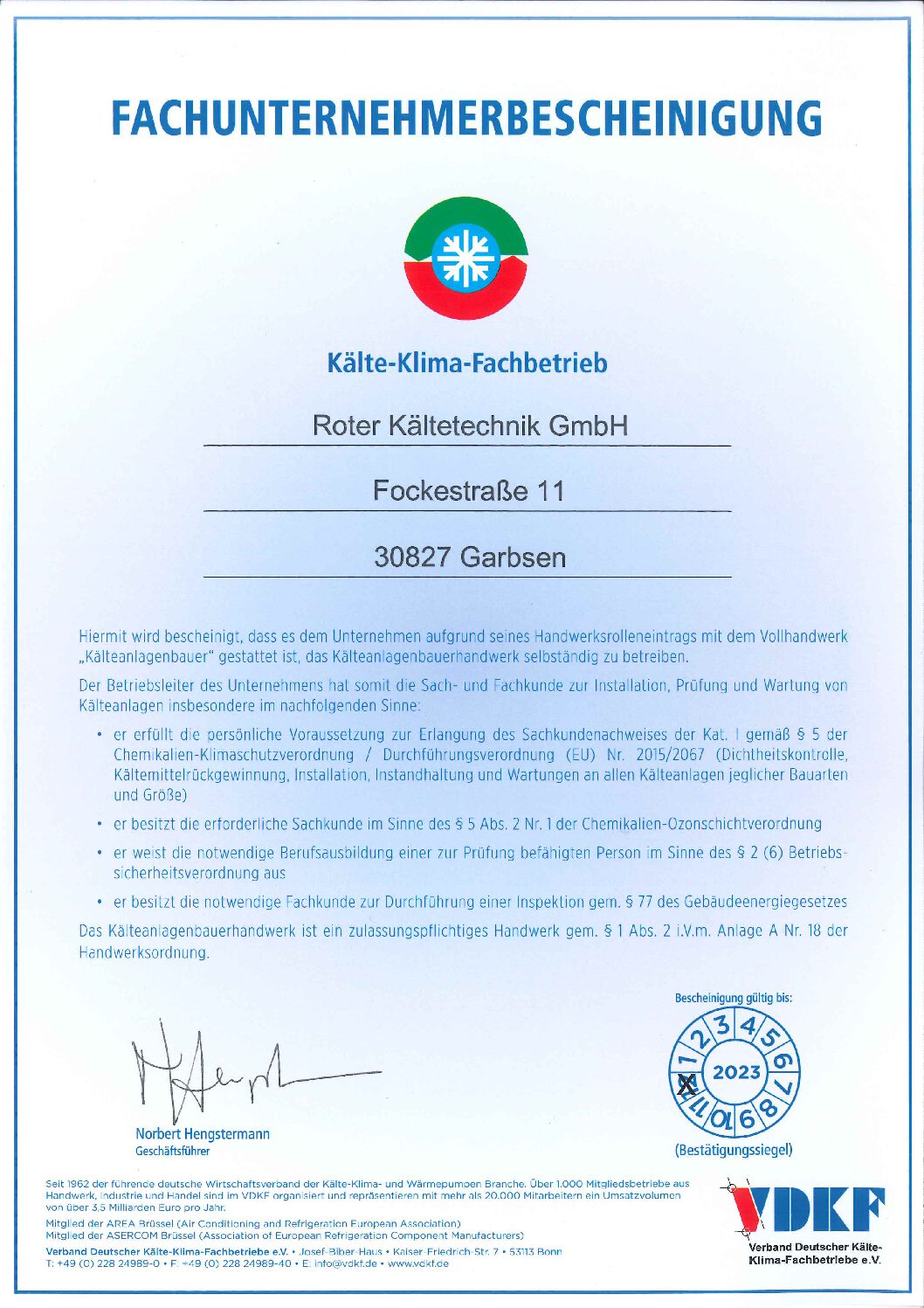 Fachunternehmerbescheinigung VDKF 2023 für Kälte Klima