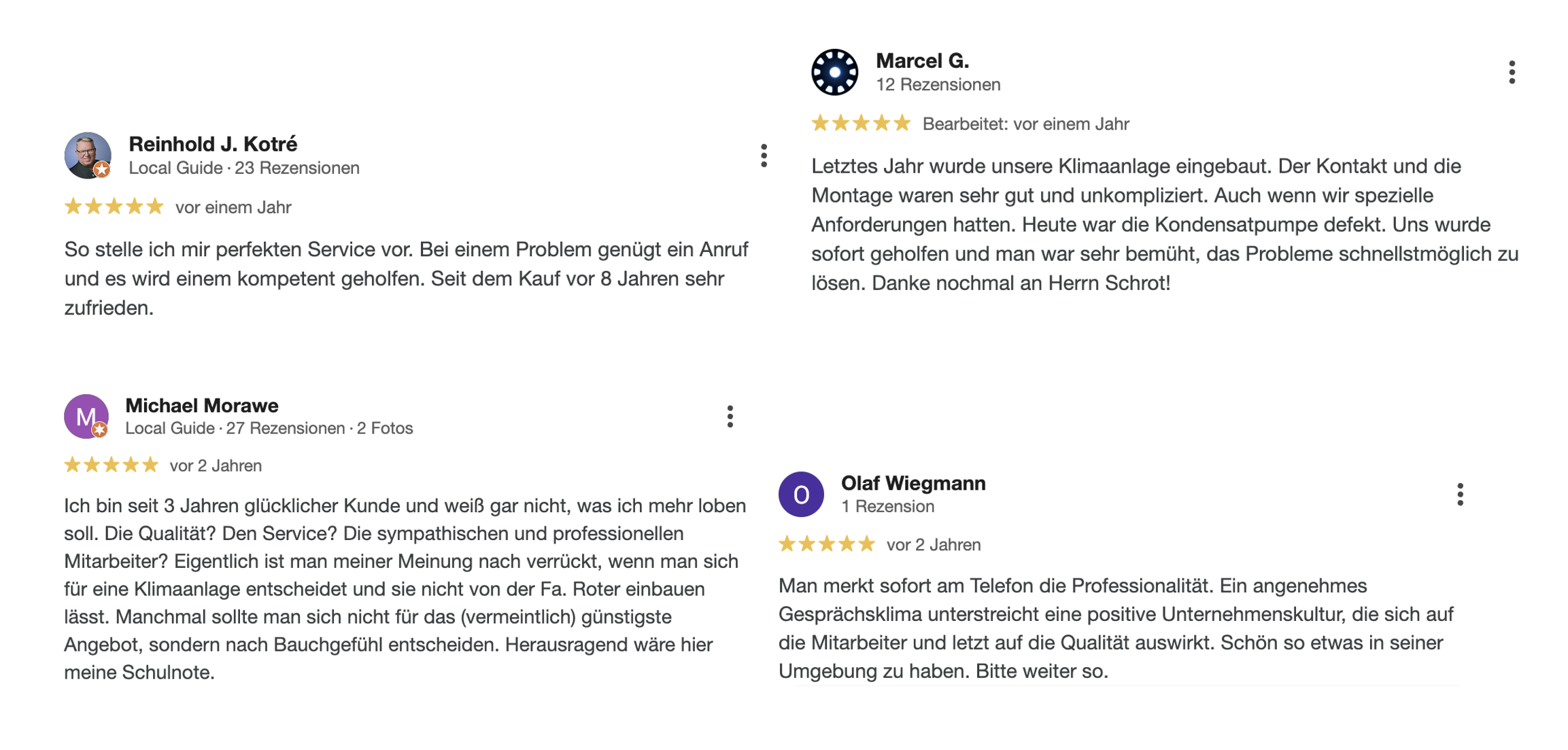 Vier Google-Bewertungen mit 5 Sternen über ein Klimatechnik-Unternehmen. Kund:innen loben Service, Freundlichkeit, Kompetenz und Qualität der Arbeit. Namen: Reinhold J. Kotré, Marcel G., Michael Morawe, Olaf Wiegmann.