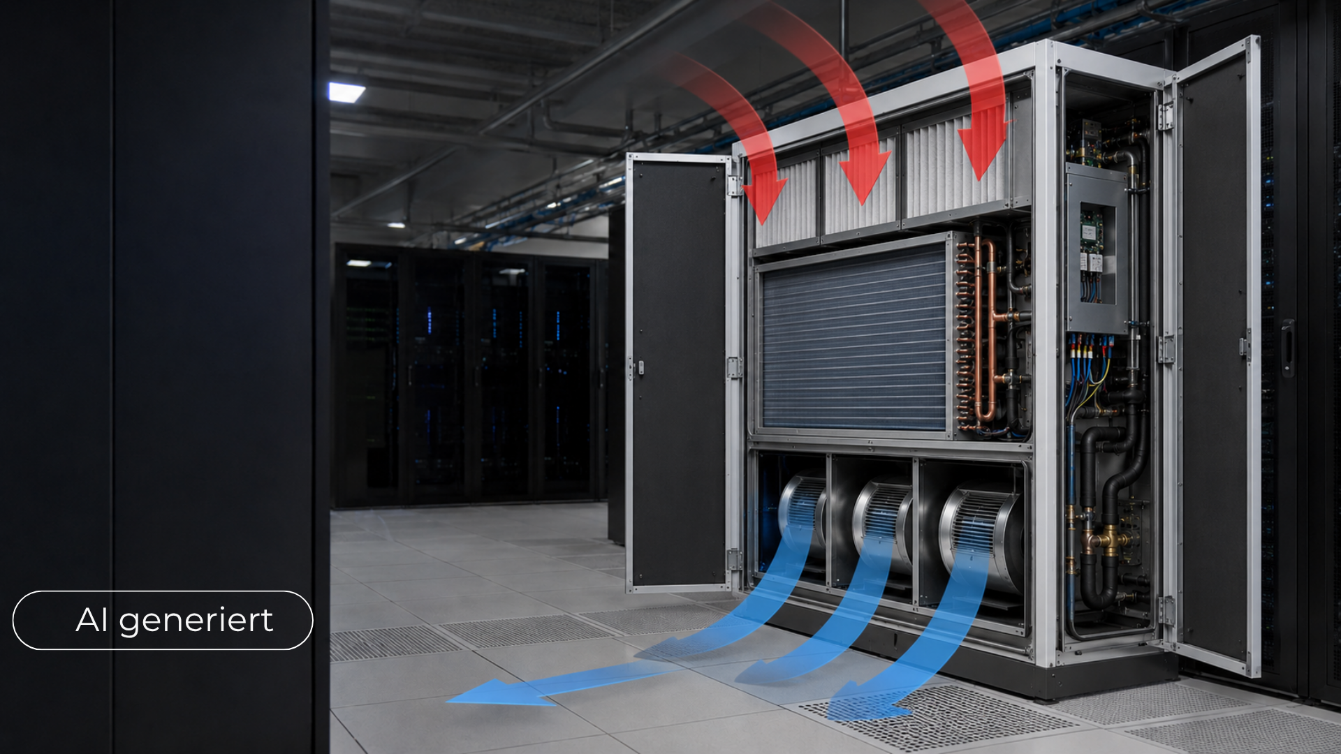 Präzisionsklimageräte für Serverräume – Schematische Visualisierung – Die Darstellung zeigt vereinfacht das Downflow-Prinzip. Präzisionsklimageräte für Serverräume - Schematische Visualisierung - Die Darstellung zeigt vereinfacht das Downflow-Prinzip.